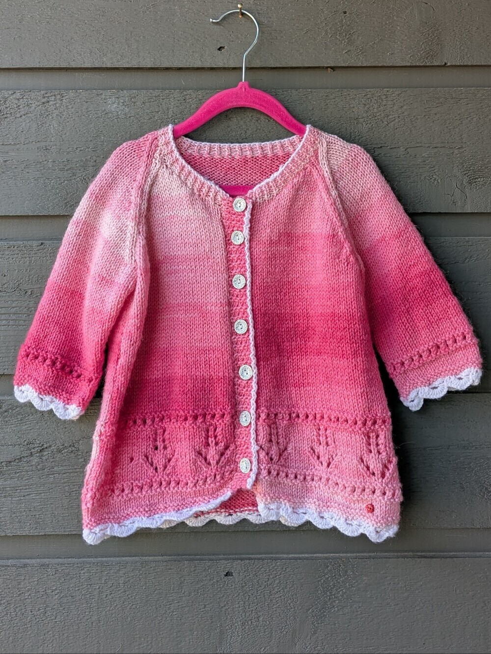 Handknit Pink Ombre Knit Button Front Cardigan with White Scalloped Trim Size 3T
